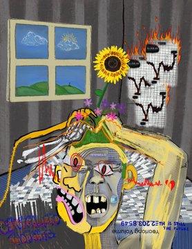 A crude digital drawing of a face with a sunflower, set against a background with a window, flames, and scattered, partially mirrored text including 'AI', 'losers', and '666'.