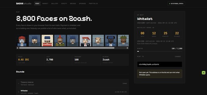 Screenshot of the 'BADGER STUDIO' website featuring a 'Zcash' NFT mint titled '2,800 Faces on Zcash' with a whitelist showing 2,700 mints and pixel art character previews.