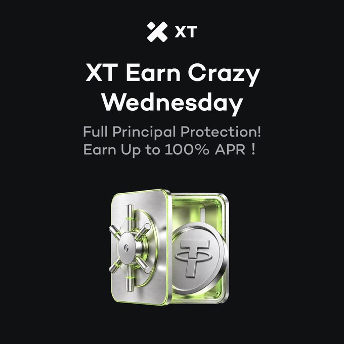 A promotional graphic for XT Earn's "Crazy Wednesday" featuring the XT logo and a metallic safe with a USDT (Tether) coin inside, advertising 7-day fixed-term savings with full principal protection and up to 100% APR. The dark background with silver and green accents emphasizes the secure, high-yield nature of the crypto savings product.