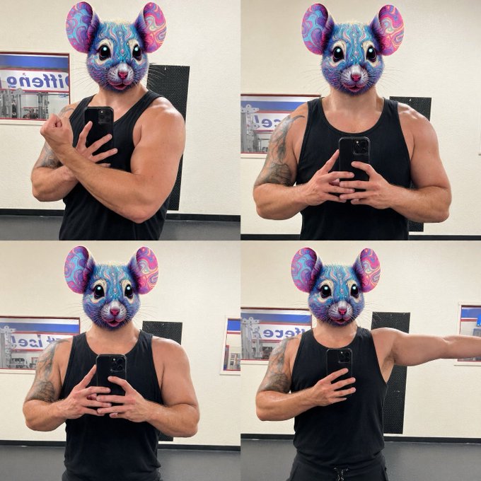 A four-panel collage of mirror selfies showing a muscular man in a black tank top, with his face replaced by a colorful blue and pink mouse-like cartoon mask, in what appears to be a store interior.