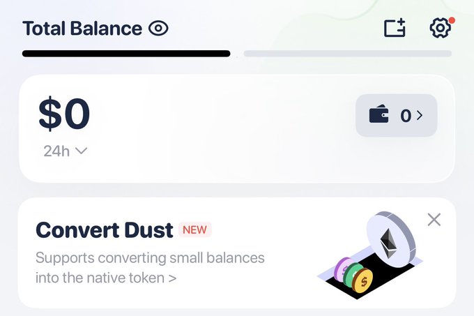 A mobile app interface showing a 'Total Balance' of $0, featuring a 'Convert Dust NEW' option that supports converting small balances into the native token.