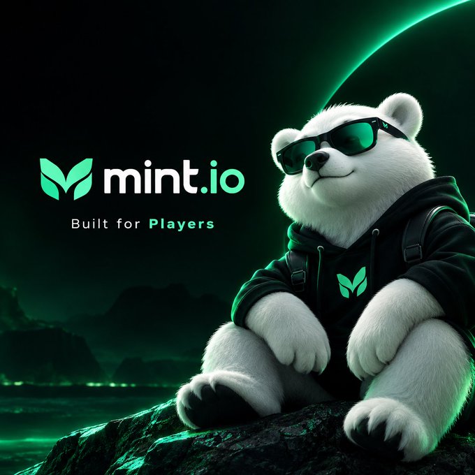 Promotional graphic for mint.io featuring a white bear mascot wearing sunglasses and a hoodie, with the tagline 'Built for Players' against a green sci-fi backdrop.