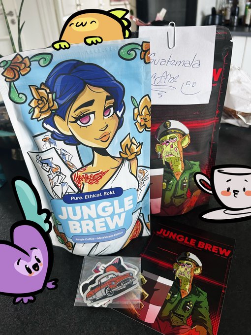 A tabletop display of illustrated Jungle Brew products and stickers, featuring a cartoon woman, a zombie-like soldier, a coffee cup character, and the text “JUNGLE BREW.”
