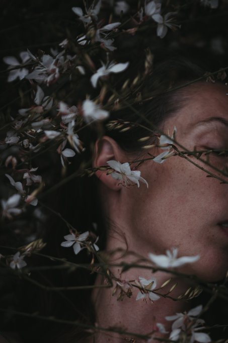 An artistic close-up photograph of a person's face partially obscured by delicate white flowers and stems.