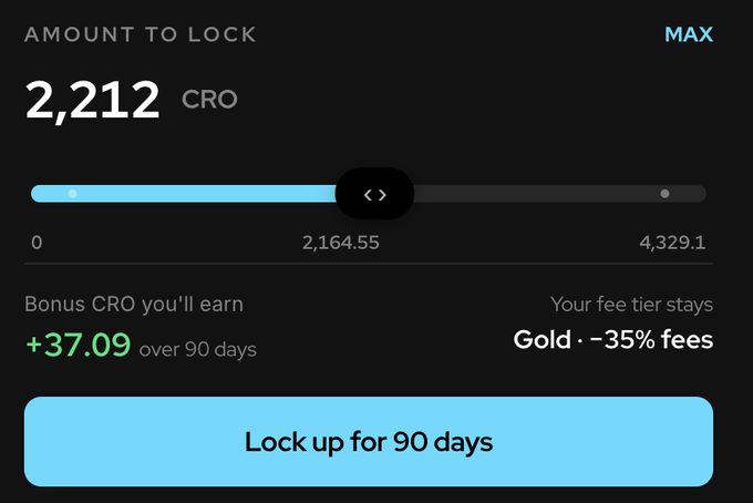 A screenshot of a crypto locking interface showing an amount of '2,212 CRO' to lock, highlighting a bonus of '+37.09' over 90 days at a 'Gold - 35% fees' tier.