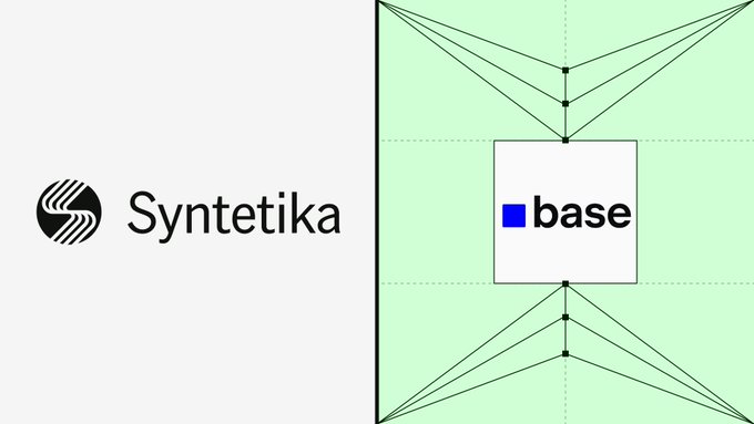 A logo presentation slide for 'Syntetika' next to a graphic showing the 'base' logo centered within a green geometric perspective grid.