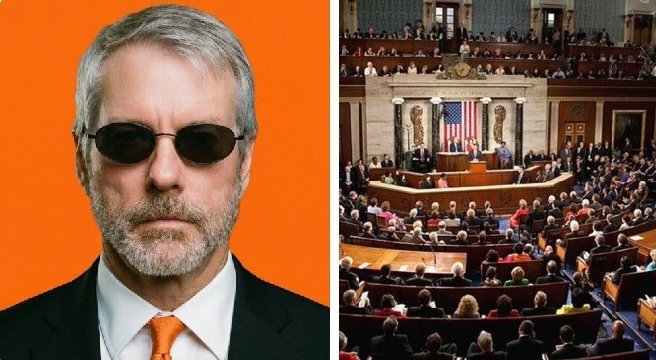 Michael Saylor, wearing sunglasses, is juxtaposed with an image of the U.S. Senate in session, highlighting his plea for the CLARITY Act's passage to regulate digital assets.