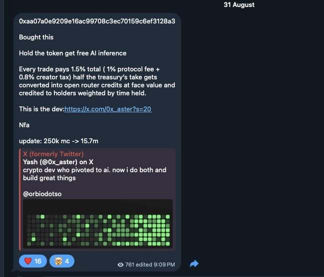 The image is a Telegram post dated 31 August showing details about the token "0xaa07a0e9209e16ac99708c3ec70159c6ef3128a3," noting holders get free AI inference with 1.5% trade fees (1% protocol + 0.8% creator tax), and includes a market cap update from 250k to 15.7m alongside a green candlestick chart, which aligns with the accompanying post celebrating $ORBIO's growth to 15.8m.