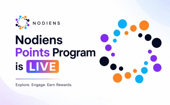 The image is a promotional graphic announcing the launch of the "Nodiens Points Program," featuring the Nodiens logo and the tagline "Explore. Engage. Earn Rewards." alongside a colorful circular design, aligning with the post's call to join the free airdrop opportunity by completing missions to earn points.