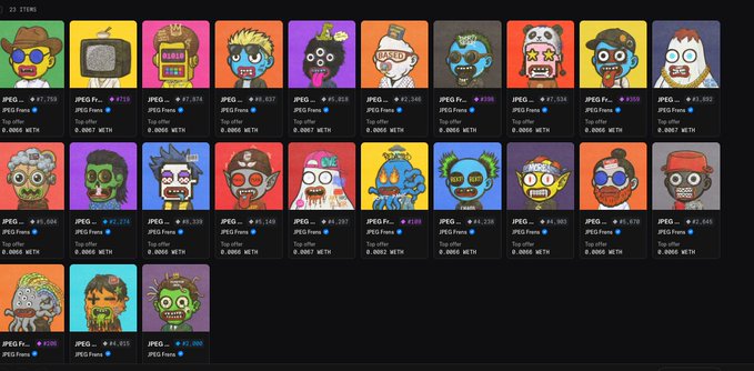 The image displays a collection of 25 JPEG Frens NFT tokens, labeled "21 ITEMS" at the top, with prices in ETH shown below each pixel-art character. The accompanying post's mention of "im a lil obsessive" and "all my besties @wearejpegfrens" suggests the user is showcasing their personal collection of these unique NFT profile pictures they own.