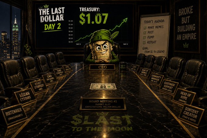 A meme-style image of a carved stone/moai-style figure in a green '$1' cap sitting at the head of a boardroom table labeled 'CEO', with a chart showing 'TREASURY: $1.07', an agenda to 'MAKE MEMES, POST, PUMP, REPEAT', and the floor text '$LAST TO THE MOON'.