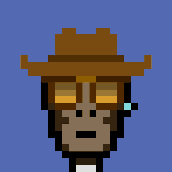 A pixel art rendering of a person's face, wearing a brown cowboy hat, created in the style of the video game Hotline Miami.