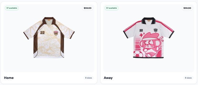 Two e-commerce product listings for sports jerseys labeled Home and Away, both priced at $59.00 with 37 available and 6 sizes each, featuring number 22 designs.