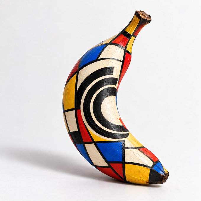 A banana painted in a Mondrian-inspired geometric pattern of primary colors (red, blue, yellow) and black lines, with a hypnotic bullseye design. The artwork visually echoes the caption's message about time and mortality, presenting the banana—a fleeting, easily bruised fruit—as a memento mori, with its curved, ticking shape suggesting the passage of time that catches up with everyone.