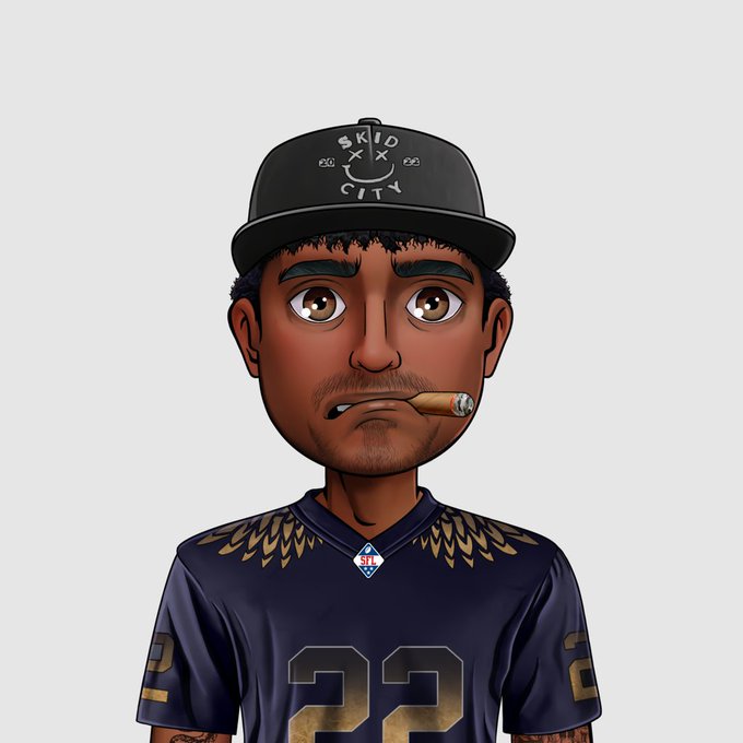 A 3D cartoon avatar of a man wearing a black cap with a logo that includes "SKID" and "CITY", a dark sports jersey with the number "22", and a cigar in his mouth.