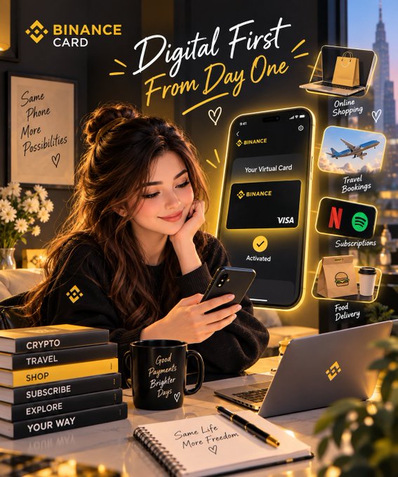 A young woman smiles while looking at her phone in a cozy, warmly lit setting, with a glowing virtual Binance Visa card displayed on the screen labeled "Your Virtual Card" and "Activated," surrounded by icons representing online shopping, travel bookings, subscriptions (Netflix, Spotify), and food delivery—reinforcing the post's message that the Binance Card is a digital-first product that activates immediately without needing physical plastic.