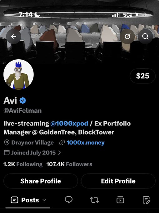 A Twitter profile screenshot for Avi (@AviFelman), a verified user live-streaming @1000xpod and Ex Portfolio Manager at GoldenTree and BlockTower, based in Draynor Village, showing 107.4K followers.
