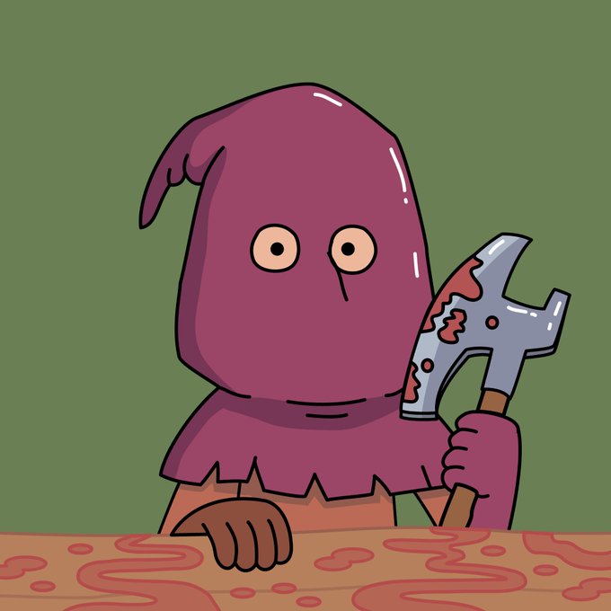 A cartoon character wearing a purple hood holding a bloody hammer, sitting at a table covered in red liquid stains against a green background.