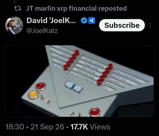 A social media repost by David 'JoelK...' (@JoelKatz) showing a self-destruct control panel from a movie, marked 'ESCAPE CAPSULE', with 17.7K views dated 21 Sep 26.