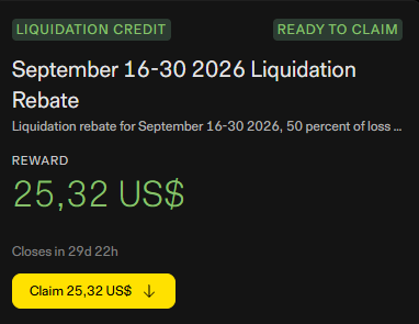 A digital interface shows a 'LIQUIDATION CREDIT' banner with 'READY TO CLAIM' status, displaying a 'September 16-30 2026 Liquidation Rebate' reward of '25,32 US$' and a yellow 'Claim 25,32 US$' button.