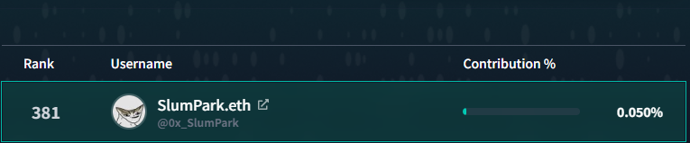 Ranking interface displaying Rank 381 user 'SlumPark.eth' (@0x_SlumPark) with 0.050% contribution percentage, featuring a profile picture of a cartoon shark character.