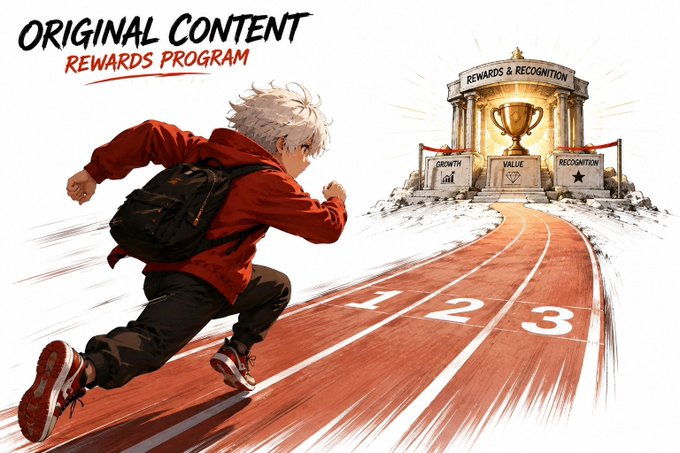An illustration titled 'ORIGINAL CONTENT REWARDS PROGRAM' showing a white-haired person in a red jacket running on a track toward a 'REWARDS & RECOGNITION' building with sections labeled GROWTH, VALUE, and RECOGNITION.