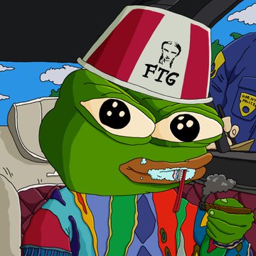 An animated Pepe the Frog wearing a red and white KFC bucket hat with 'FIG' printed on it and a colorful striped shirt while smoking a cigar.