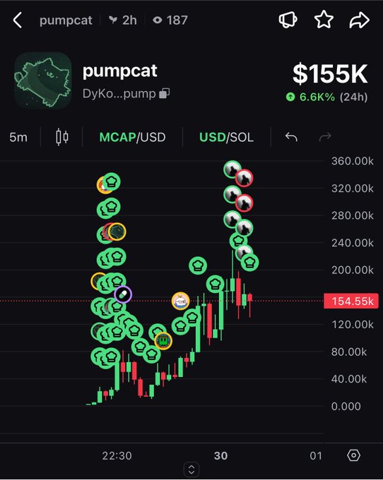 A cryptocurrency chart for 'pumpcat' showing a market cap of $155K with a 6.6% increase over 24 hours, displayed on a trading platform interface.