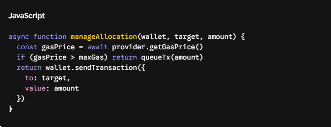 The image depicts a code page of a JavaScript application that helps manage dynamic allocation of resources (wallets) based on real-time network congestion levels. An intelligent agent deployed in the browser manages resource deployment, adjusting based on network status to ensure optimal performance. The agent updates its logic for each contract executed and keeps track of the transaction amount sent between clients and providers using a JavaScript object called Cursor.