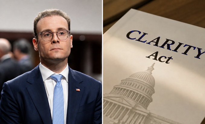 A man in a dark suit, blue tie, and round glasses stands in a congressional setting alongside an image of a document titled "CLARITY Act" featuring an illustration of the U.S. Capitol dome, visually representing the post about CFTC Chair Mike Selig's plan to pursue crypto regulations independently if the legislation doesn't pass.