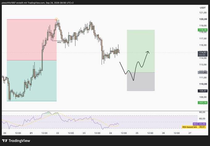 A TradingView chart of USDT with the filename 'pieschfl0107 ersteltt mit TradingView.com', displaying candlestick patterns, colored zones (pink, green, teal, gray), RSI, and MA indicators.