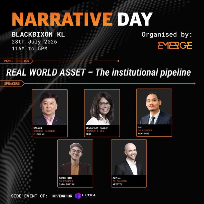 A promotional flyer for 'NARRATIVE DAY' at BLACKBIXON KL on 28th July 2026, organized by EMERGE, featuring a panel session on 'REAL WORLD ASSET - The institutional pipeline' with headshots of speakers Calvin, Selvarany Rasiah, Lau, Bobby Sim, and Cathal.