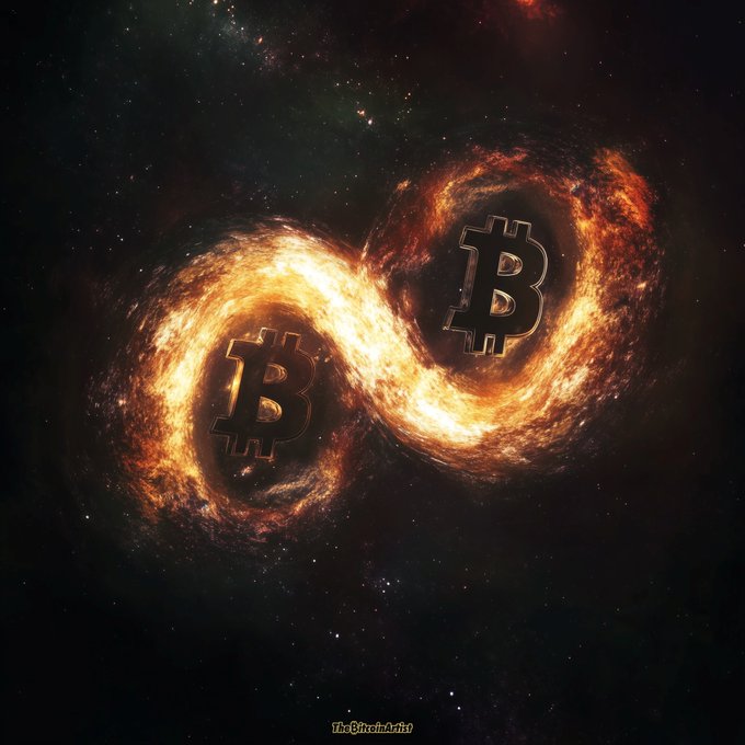 Two Bitcoin (₿) symbols are engulfed in fiery, swirling orange and yellow energy forming an infinity shape against a dark, starry cosmic background, with 'The Official Chip' watermark at the bottom.