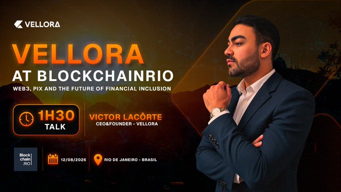 A promotional graphic for 'Vellora at BlockchainRio' featuring CEO & Co-Founder Victor Lacôte, announcing a 1-hour 30-minute talk about Web3, PIX, and financial inclusion on 12/08/2026 in Rio de Janeiro, Brasil.