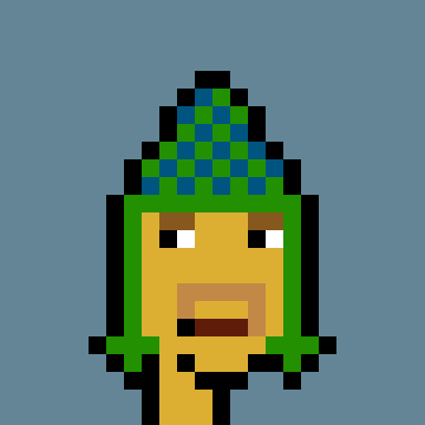 A pixel art character with yellow skin, a brown beard, and a green and blue checkered hat against a blue background.