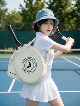 A woman in tennis attire models a Bitget Wallet 8th Anniversary Limited Edition gift box, complete with a tennis bag featuring the Bitget Wallet logo and "EVERYDAY FINANCE GENERATION."