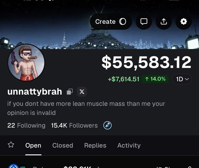 A social media profile for 'unnattybrah' shows a balance of $55,583.12, up +$7,614.51 or 14.0%, with the bio reading 'if you dont have more lean muscle mass than me your opinion is invalid'.