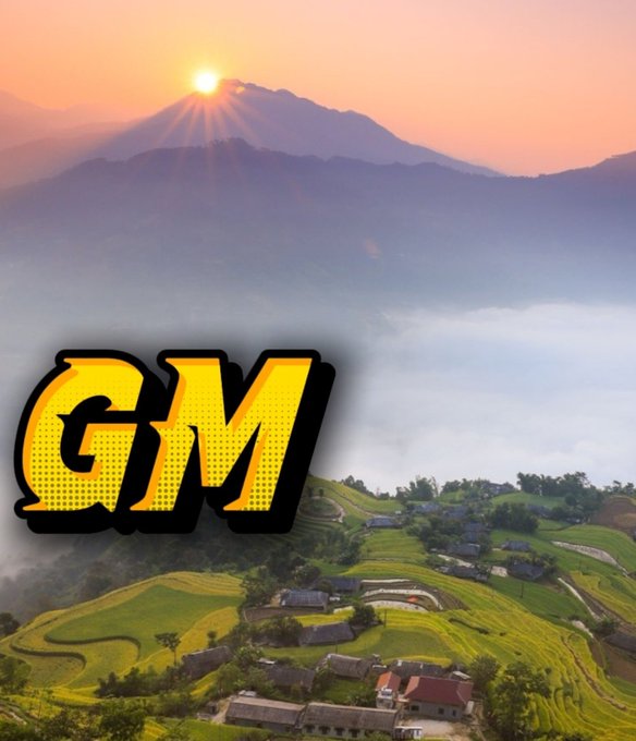 A scenic landscape featuring terraced rice fields and a village nestled in mountains with a sunrise, overlaid with a large yellow and black 'GM' logo.