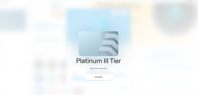 A screen showing 'Platinum III Tier' with a 'New tier unlocked!' message and a Continue button.