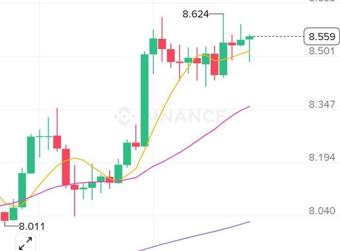 A candlestick financial chart from Binance showing price movements between 8.011 and 8.624, with a current price marked at 8.559.