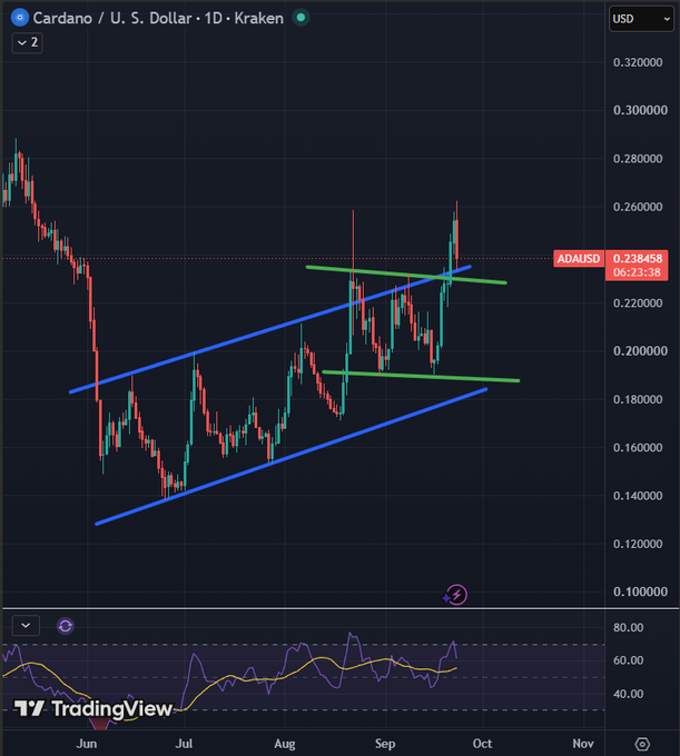 A TradingView daily chart of Cardano (ADA/USD) on Kraken shows the price at $0.238458, bouncing within an ascending channel (blue trendlines) and retesting horizontal resistance near $0.24 (green lines), aligning with the post's "Retest and moon?" speculation about a potential breakout.