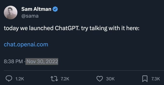 A tweet from Sam Altman (@sama) announcing the launch of ChatGPT on November 30, 2022, with a link to chat.openai.com, which received 30K likes and 7.2K retweets. This historic moment in AI history contrasts with the poster's distraction that same day, as they were busy tracking crypto gains instead of studying.