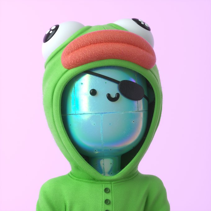 A person wears a green frog hoodie featuring an iridescent holographic face with a smile, an eye patch, and large googly frog eyes on top, set against a pink background. This quirky character matches the Citizen of Vibetown #3860 NFT sold on OpenSea, with the wallet addresses and Ethereum price displayed in the caption.