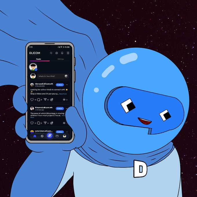 The image features a blue robot with a face wearing a white helmet holding a smartphone displaying a message from someone named @DlicomApp, asking why they need their app. The text in the message reads "@DlicomApp" and "@timcrypto". This suggests that the robot is promoting or explaining the purpose of the app to the user who sent it.