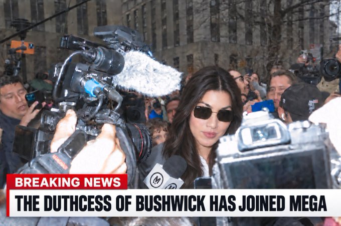 A woman wearing sunglasses is surrounded by cameras and reporters, with a news ticker reading 'BREAKING NEWS: THE DUTHCESS OF BUSHWICK HAS JOINED MEGA'.