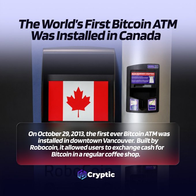 The image features an atm machine with a Canadian flag displayed on its screen. The text above the image reads "THE WORLD'S FIRST BITTECOIN ATM was installed in CANADA ON OCTOBER 29, 2013". Below this information is a quote from Robocoin about their Bitcoin ATM system.