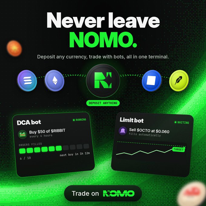 An advertisement for NOMO cryptocurrency platform, promoting the ability to 'Deposit any currency, trade with bots, all in one terminal,' featuring a DCA bot and Limit bot interface.