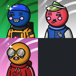 Four cartoon characters in a grid layout featuring a blue helmeted figure, a red character with a sailor's hat, and a gold character with a red hoodie labeled 'IGN'.