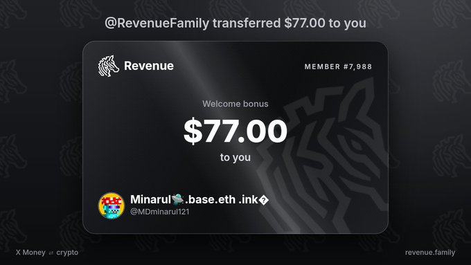 A screenshot of a payment notification from "@RevenueFamily" showing a "Welcome bonus" of $77.00 transferred via the Revenue app, sent from Minarul (MDminarul121) on the base.eth.ink domain.