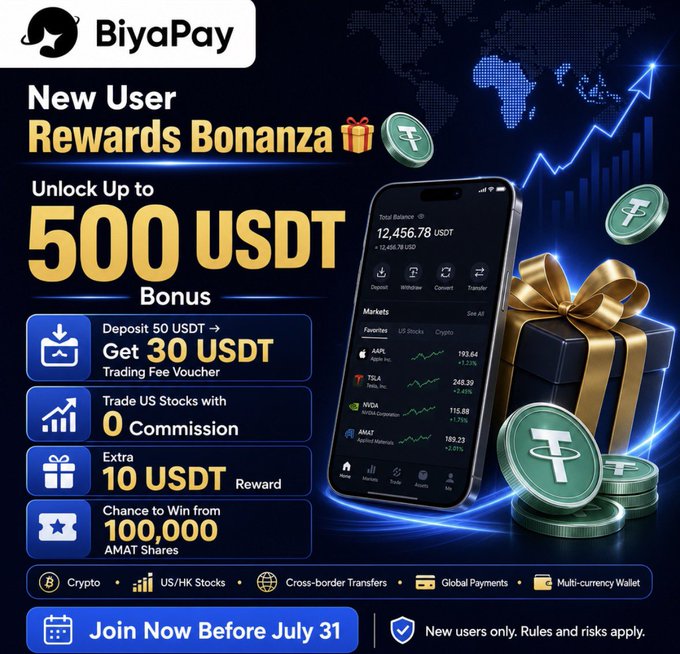 A promotional advertisement for 'BiyaPay' offering a 'New User Rewards Bonanza' of up to '500 USDT' bonus, featuring a smartphone displaying the app.